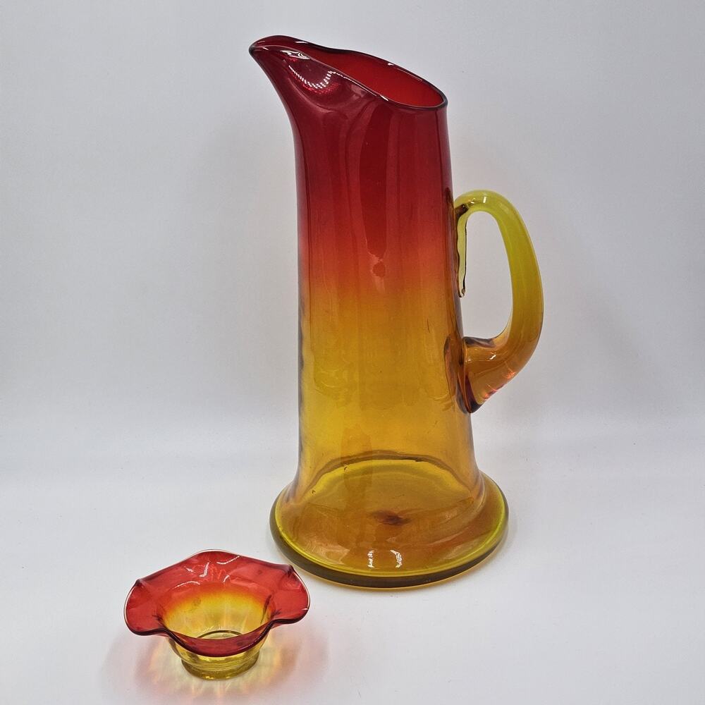VTG MCM Amberina Art Glass Pitcher Applied Handle Ewer Mid Century Modern + Dish